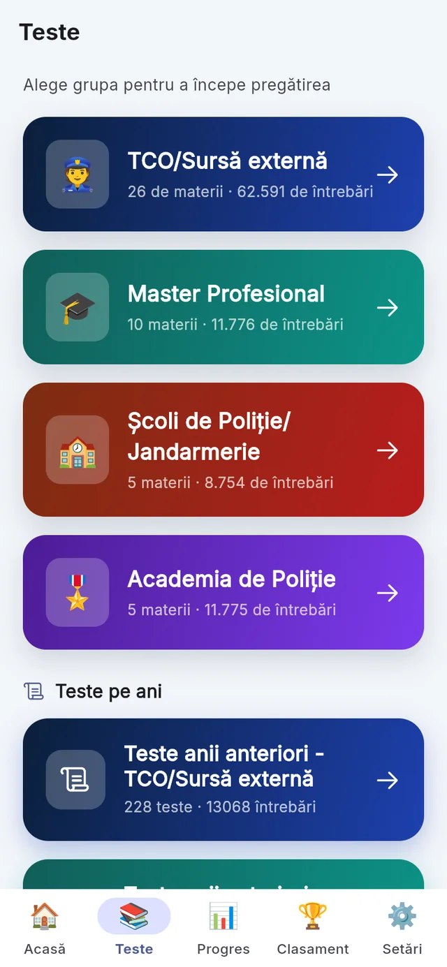 Ecranul Teste din GrileMAI, cu cele patru concursuri